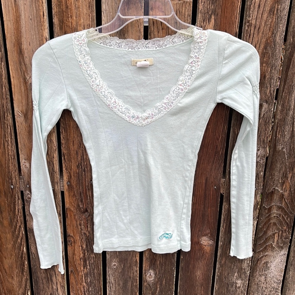 O'Neill Light Green Long Sleeve Top with Lace Trim-slight Puffy Sleeve Detail